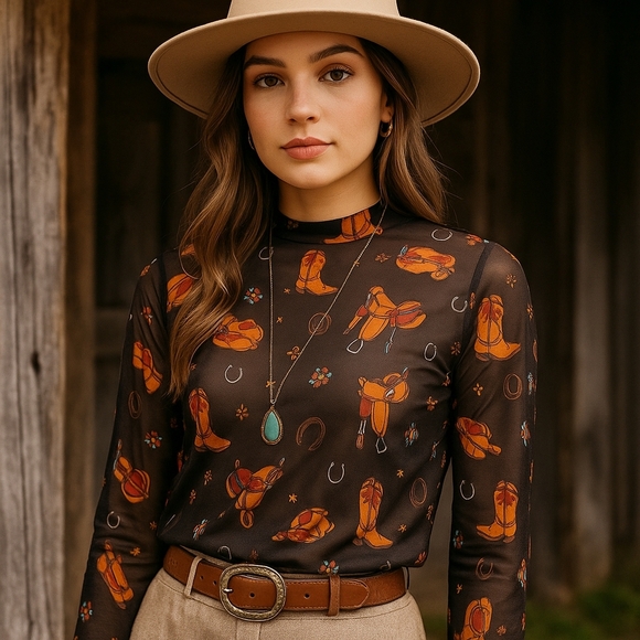 Avery Apparel Tops - Avery Apparel Cowboy Boots & Saddles Mesh Top Size S NWT